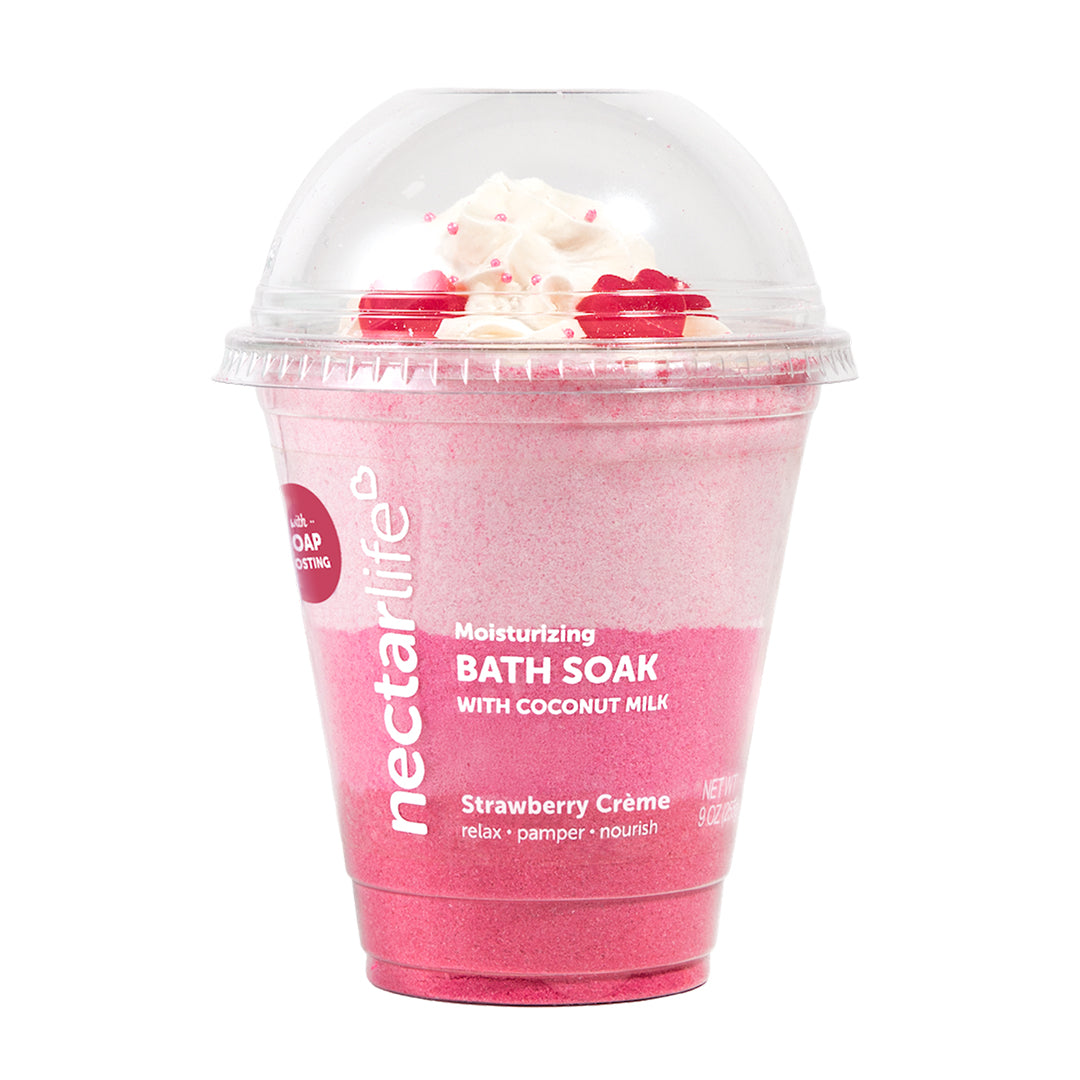 Strawberry Crème Milkshake Bath Soak by Nectar Life, pink powder soak in a dome-lid cup with soap topper, with coconut milk and sea salt, 9oz, handmade in Las Vegas