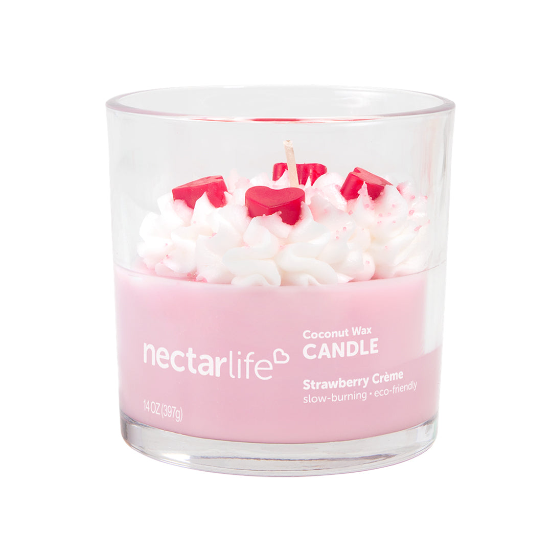 Strawberry Crème Coconut Wax Candle by Nectar Life, pink candle in clear glass with whipped cream topper and heart details, cotton wick, 14oz, handmade in Las Vegas