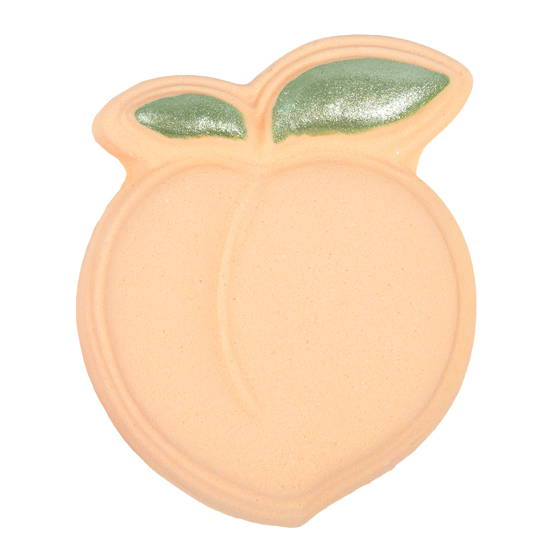 Nectar Life Peach Bath Bomb in Juicy Peach scent, shaped like a whole peach with glittery green leaf detail and soft peach-orange body, handmade bath bomb