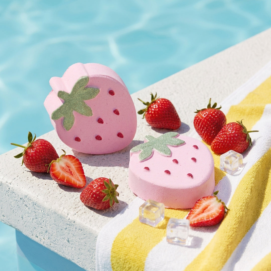 Two Nectar Life Strawberry Bliss Bath Bombs in strawberry shape placed on a pool ledge surrounded by fresh strawberries and ice cubes, with a yellow striped towel and blue water in the background