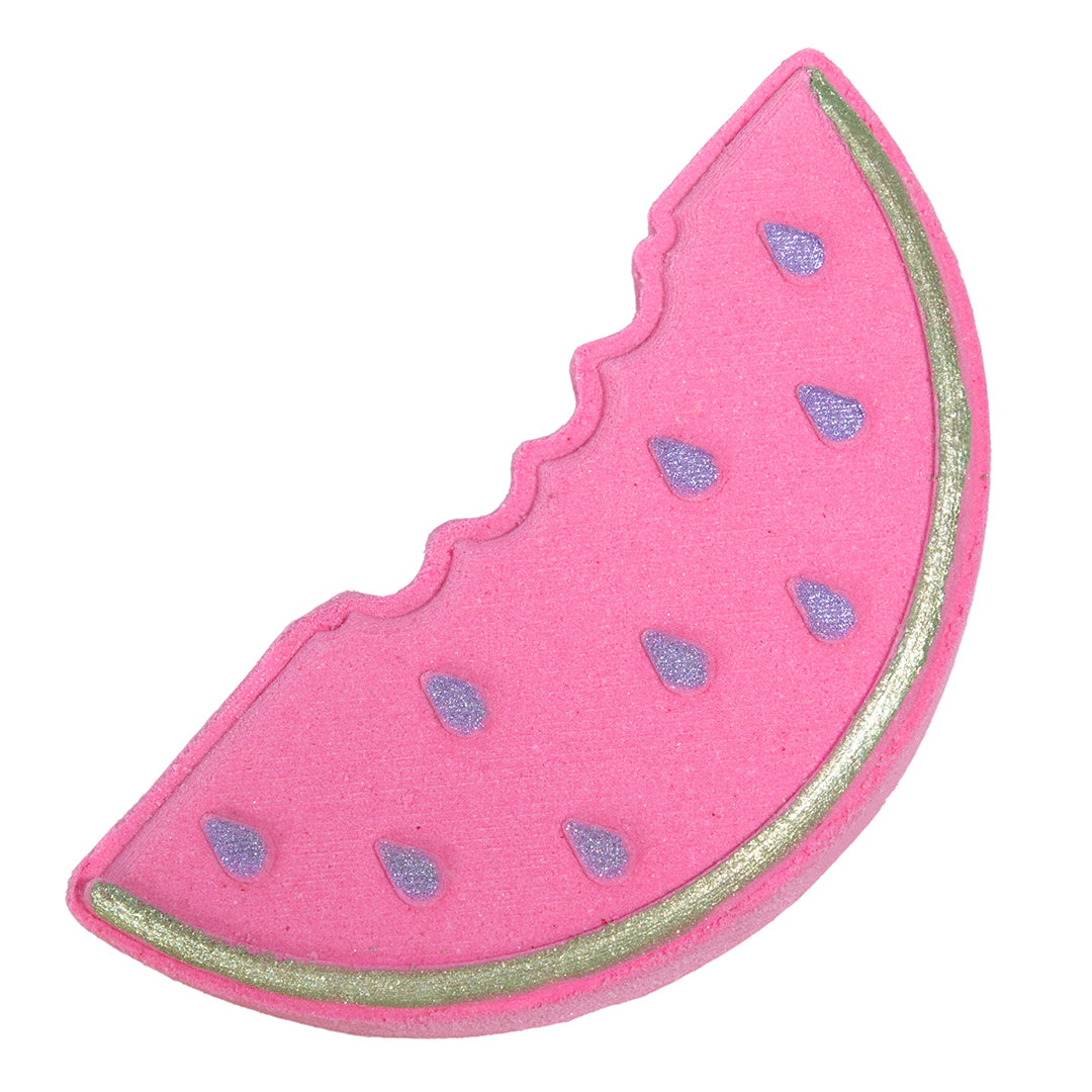 Nectar Life Watermelon Slice Bath Bomb in Fresh Watermelon scent, shaped like a watermelon wedge with pink body, silver rind detail, and purple seed accents, handmade bath bomb