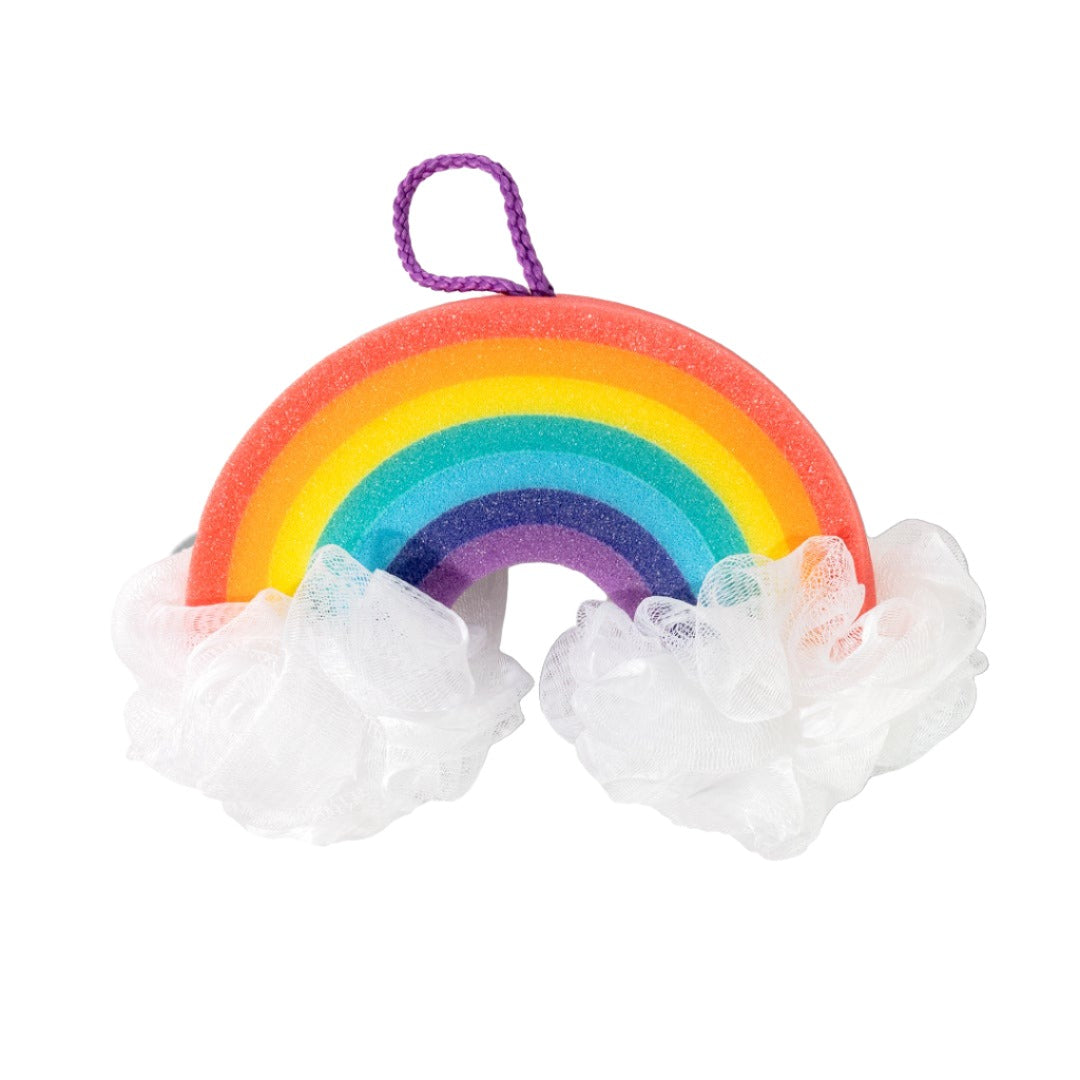 Nectar Life Large Rainbow Loofah Bath Sponge with two white mesh loofahs as clouds, rainbow-striped sponge body in red, orange, yellow, green, teal, blue, and purple, with purple hanging strap, on white background