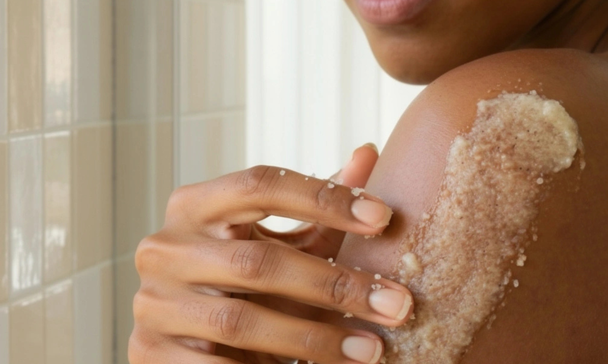 Person applying Nectar Life sugar body scrub to shoulder in shower, natural sugar crystal exfoliant visible on skin