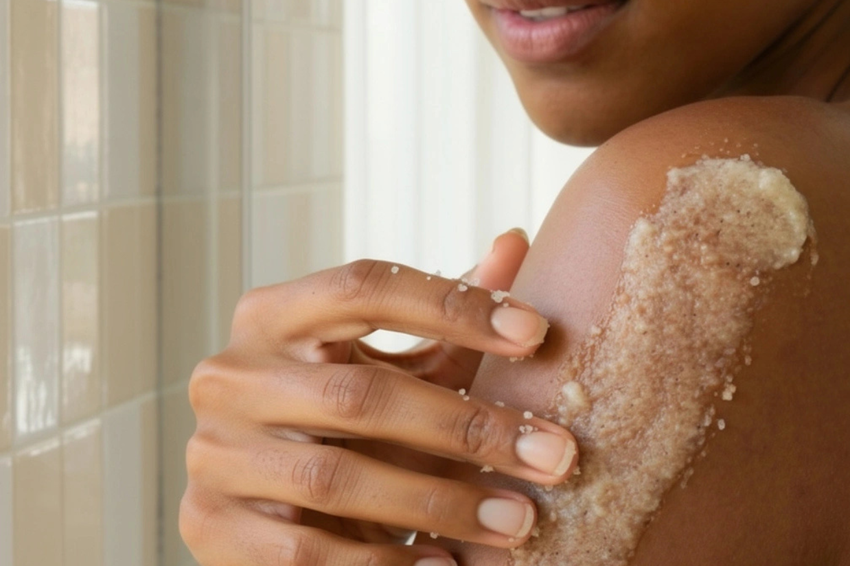 Person applying Nectar Life sugar body scrub to shoulder in shower, natural sugar crystal exfoliant visible on skin