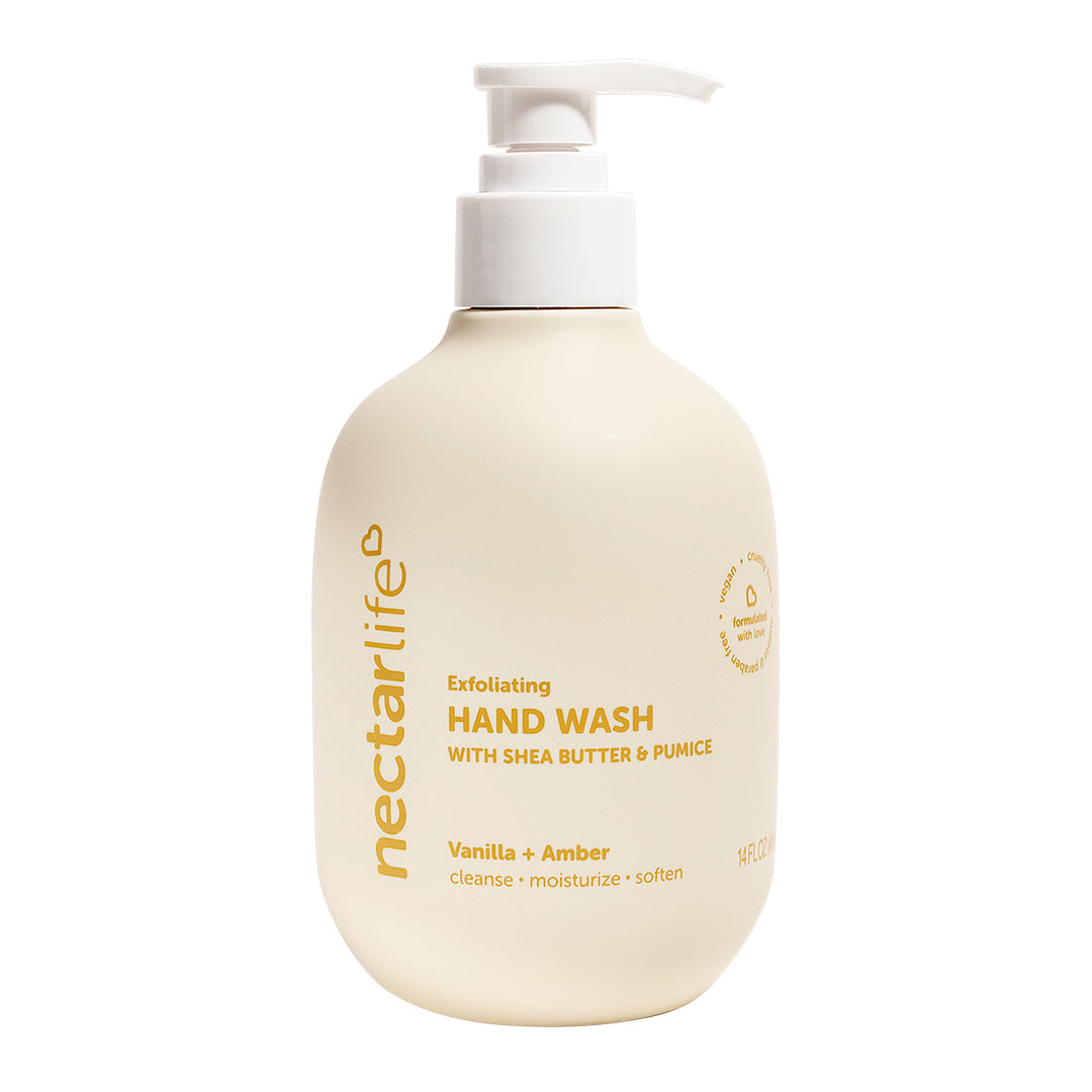 Nectar Life Exfoliating Hand Wash 14oz, pump bottle with post-consumer recycled packaging, Vanilla + Amber scent, ground pumice and shea butter formula, handmade in Las Vegas