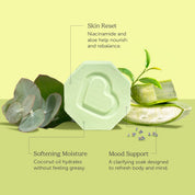 Nectar Life Essential Oil Benefit Bomb showing skin reset, softening moisture, and mood support callouts with aloe vera and eucalyptus props on a green background