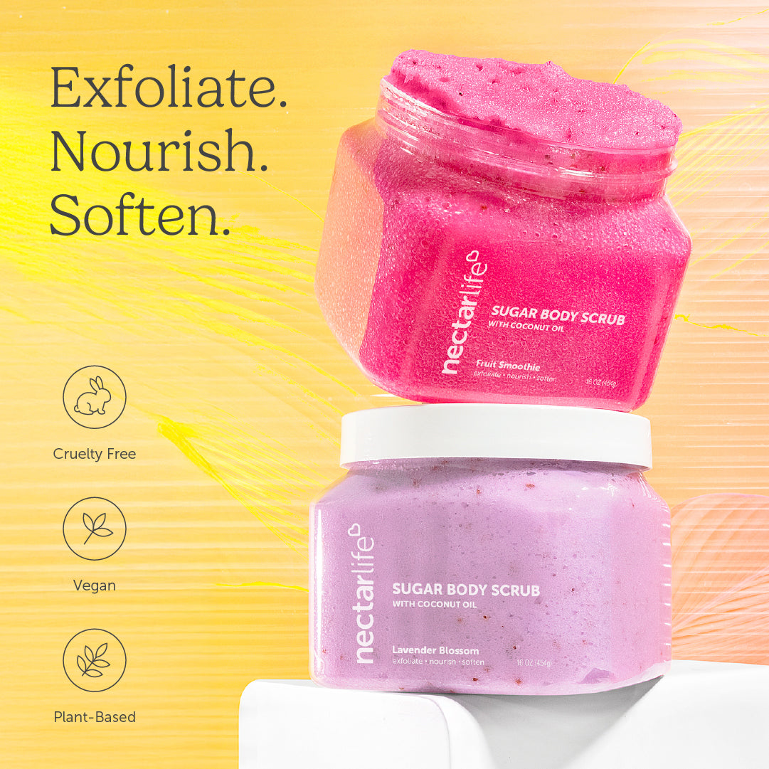 Nectar Life Exfoliating Body Scrub Jumbo 16oz, Fruit Smoothie and Lavender Blossom scents stacked, Exfoliate Nourish Soften, cruelty free vegan plant-based, handmade in Las Vegas