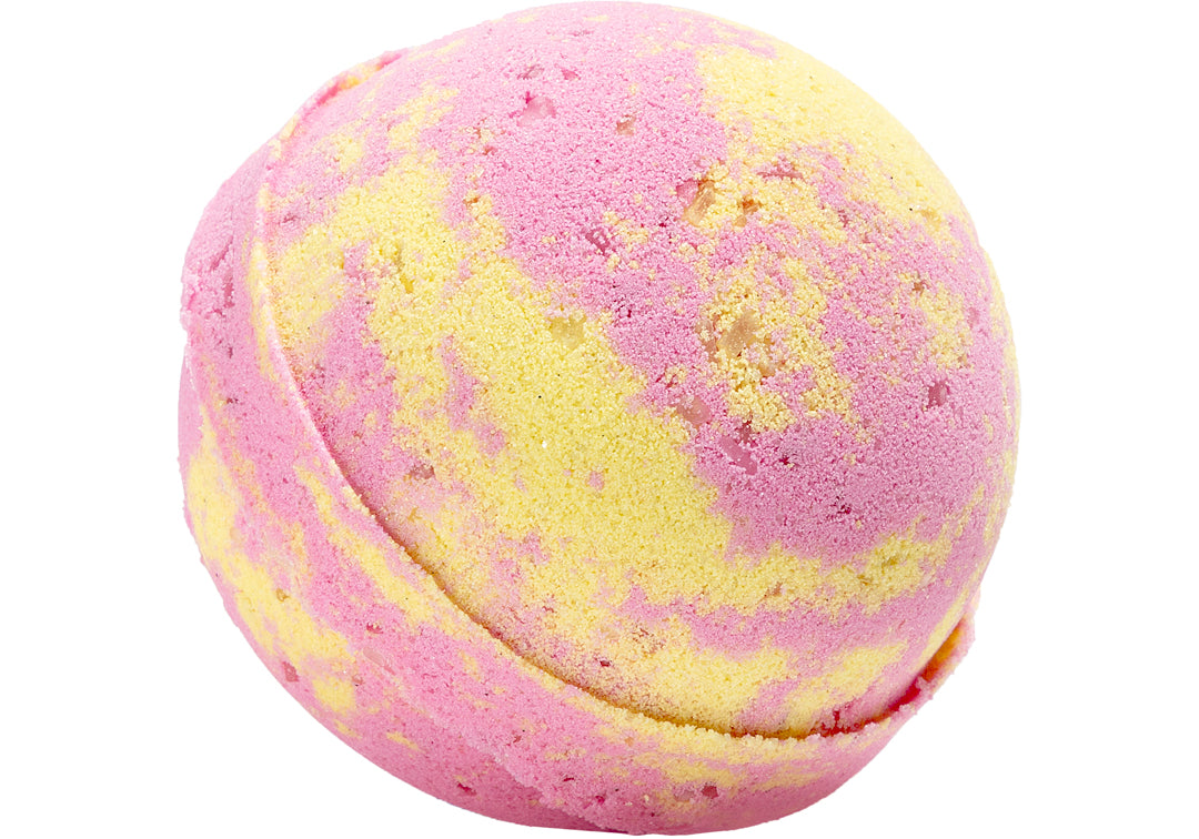 Fruit Smoothie Round Bath Bomb by Nectar Life, pink and yellow swirled bath bomb with Epsom salt and coconut oil, handmade in Las Vegas, $7