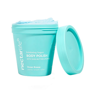 Nectar Life Exfoliating Body Polish, Ocean Breeze scent, blue tub with lid, ground pumice and shea butter formula, gentle enough for frequent use, handmade in Las Vegas