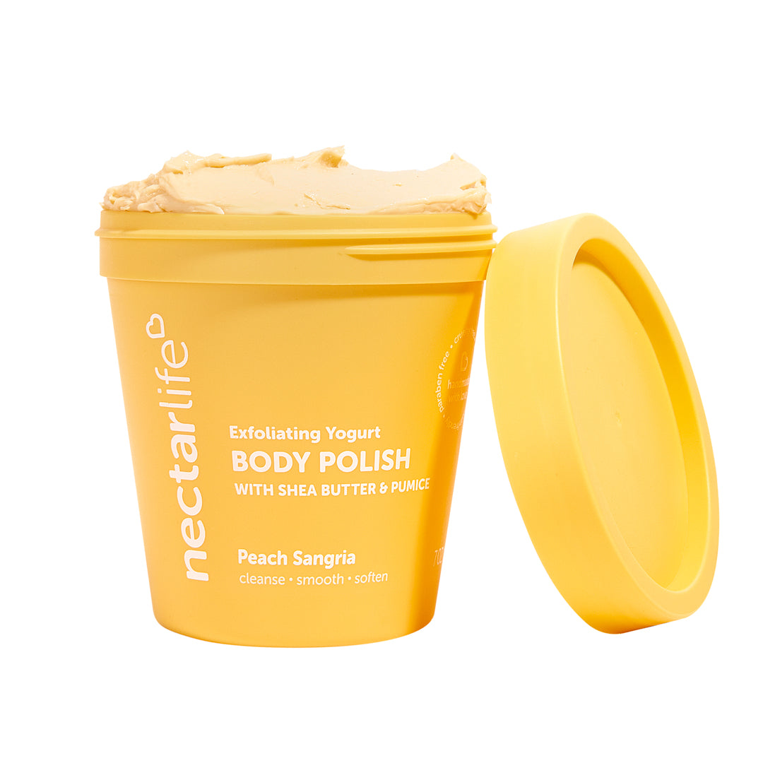 Nectar Life Exfoliating Body Polish, Peach Sangria scent, yellow tub with lid, ground pumice and shea butter formula, gentle enough for frequent use, handmade in Las Vegas