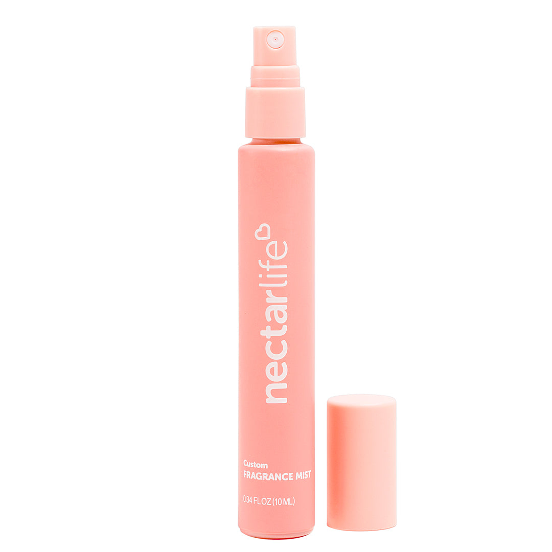 Nectar Life Custom Fragrance Mist, pink spray bottle with safflower oil base, alcohol-free long-lasting body mist, non-comedogenic, vegan, cruelty-free, handmade in USA
