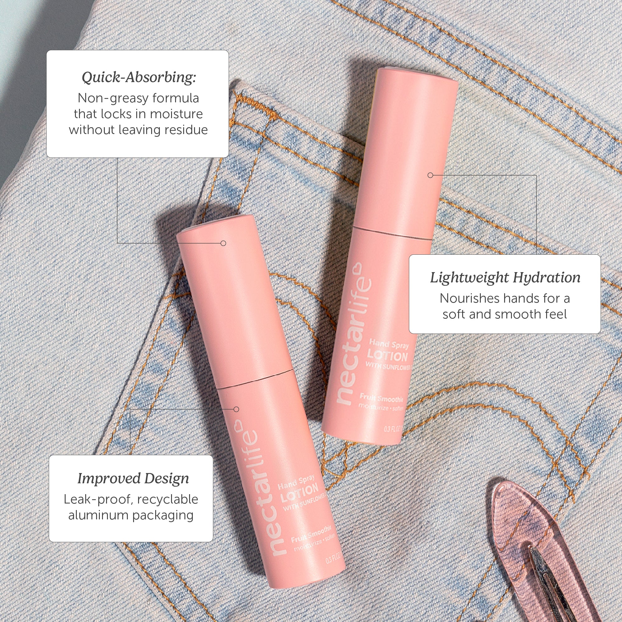 Nectar Life Hand Spray Lotion features, quick-absorbing non-greasy formula locks in moisture, lightweight hydration nourishes hands for soft smooth feel, leak-proof recyclable aluminum packaging, Fruit Smoothie scent