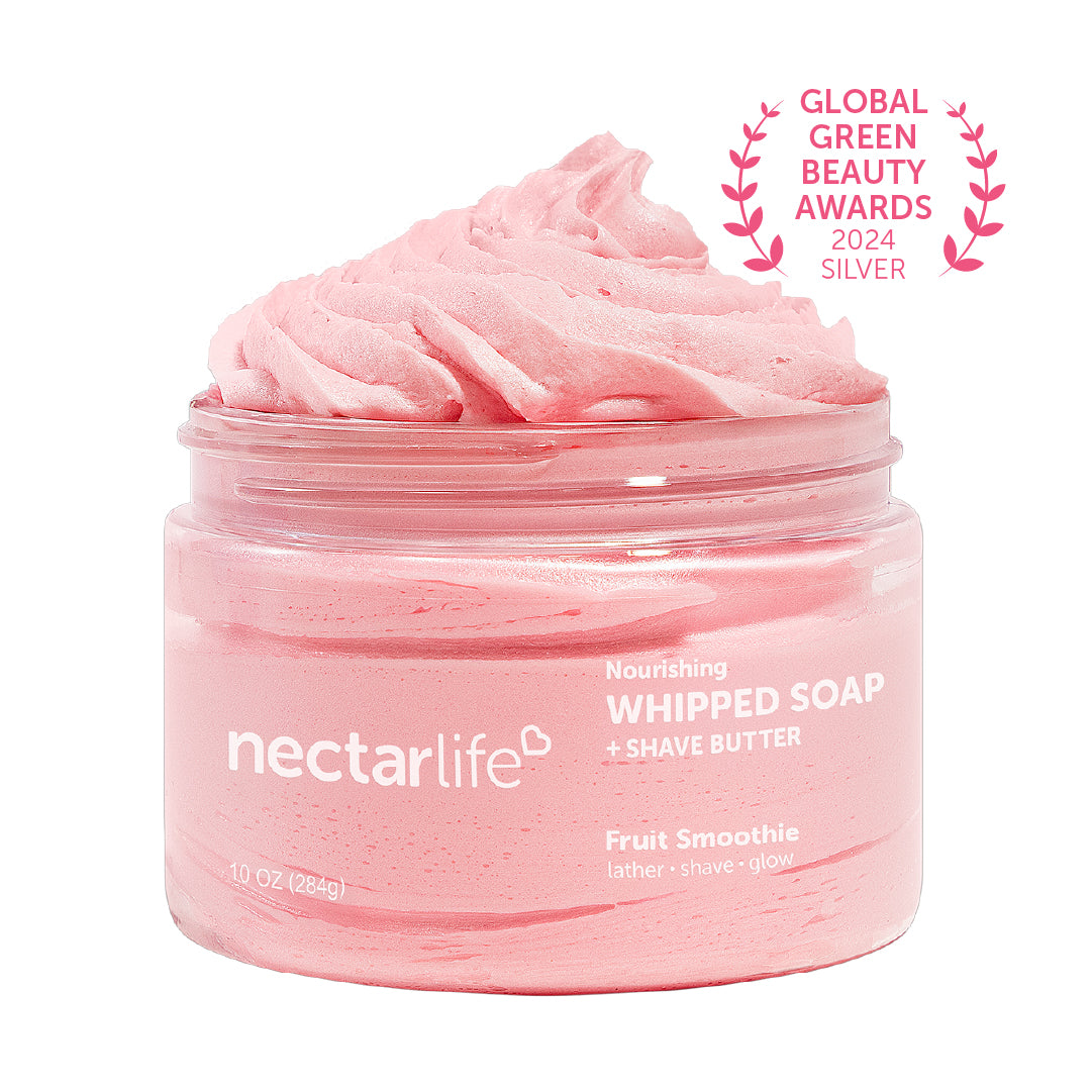 Nectar Life Nourishing Whipped Soap and Shave Butter 10oz, large clear glass jar, Fruit Smoothie scent, whipped soap with almond oil and glycerin, Global Green Beauty Awards 2024 winner, handmade in Las Vegas