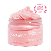 Nectar Life Nourishing Whipped Soap and Shave Butter 10oz, large clear glass jar, Fruit Smoothie scent, whipped soap with almond oil and glycerin, Global Green Beauty Awards 2024 winner, handmade in Las Vegas