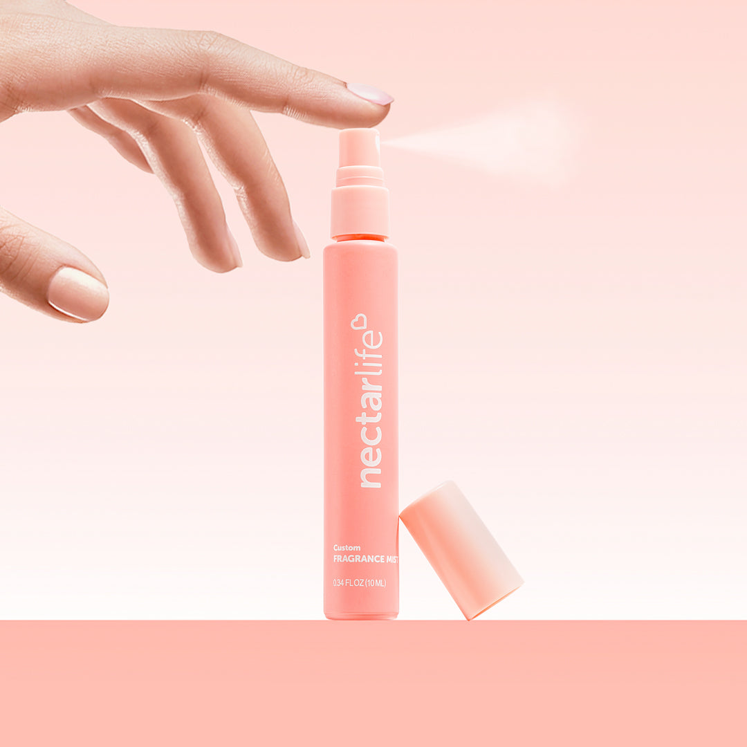 Nectar Life Custom Fragrance Mist being sprayed, lightweight safflower oil body mist, absorbs instantly, no greasy residue, vegan and cruelty-free, handmade in USA