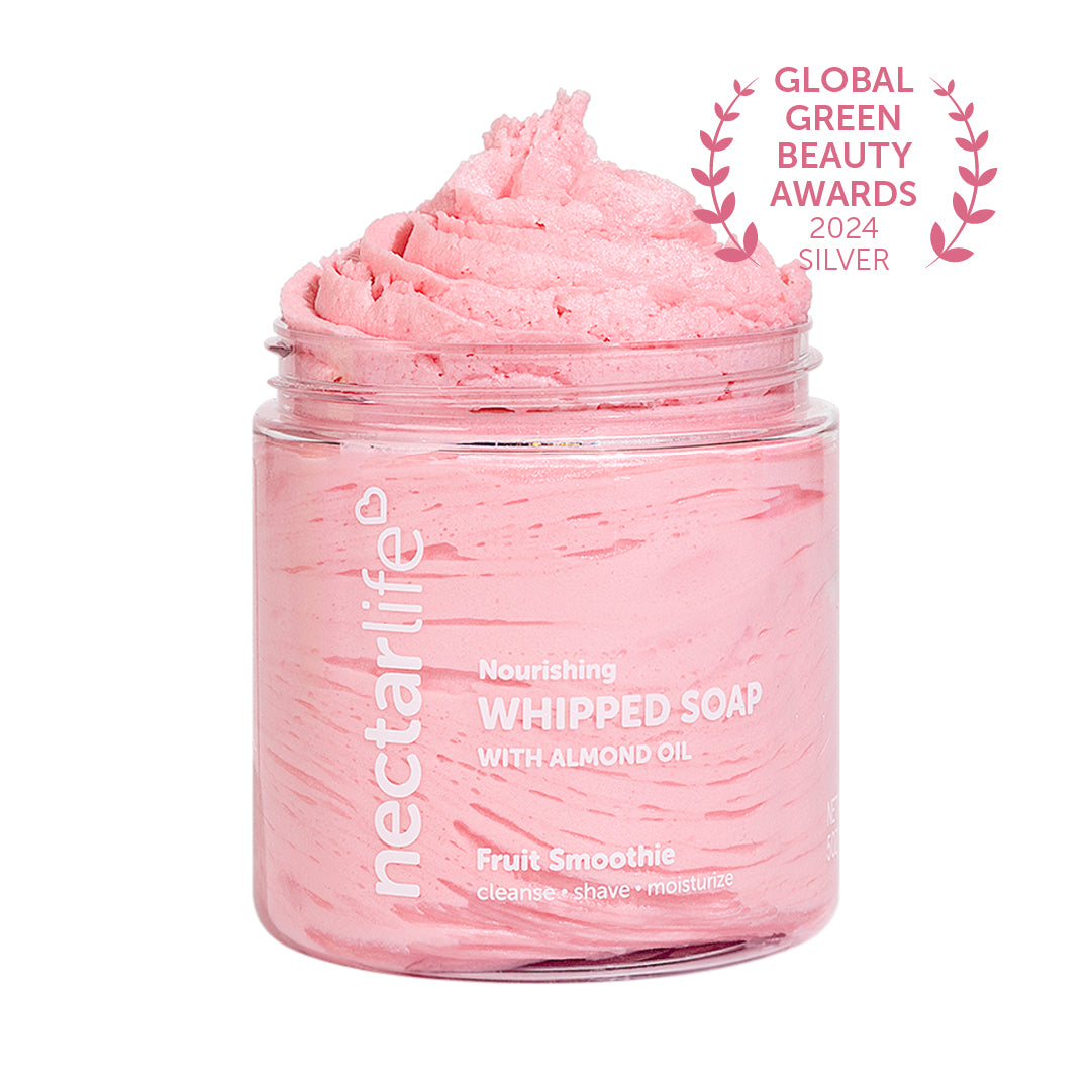 Nectar Life Nourishing Whipped Soap and Shave Butter in Fruit Smoothie, clear glass jar, pink whipped soap with almond oil, Global Green Beauty Awards 2024 Silver, handmade in Las Vegas
