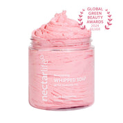 Nectar Life Nourishing Whipped Soap and Shave Butter in Fruit Smoothie, clear glass jar, pink whipped soap with almond oil, Global Green Beauty Awards 2024 Silver, handmade in Las Vegas