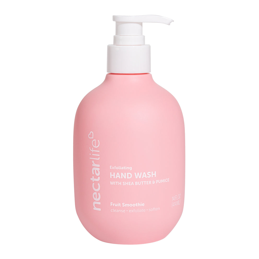 Nectar Life Exfoliating Hand Wash 14oz, pump bottle with post-consumer recycled packaging, Fruit Smoothie scent, ground pumice and shea butter formula, handmade in Las Vegas
