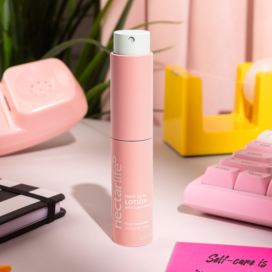 Nectar Life Hand Spray Lotion in Fruit Smoothie, pink aluminum spray bottle with sunflower and safflower seed oil, travel size hand lotion, handmade in Las Vegas, $10