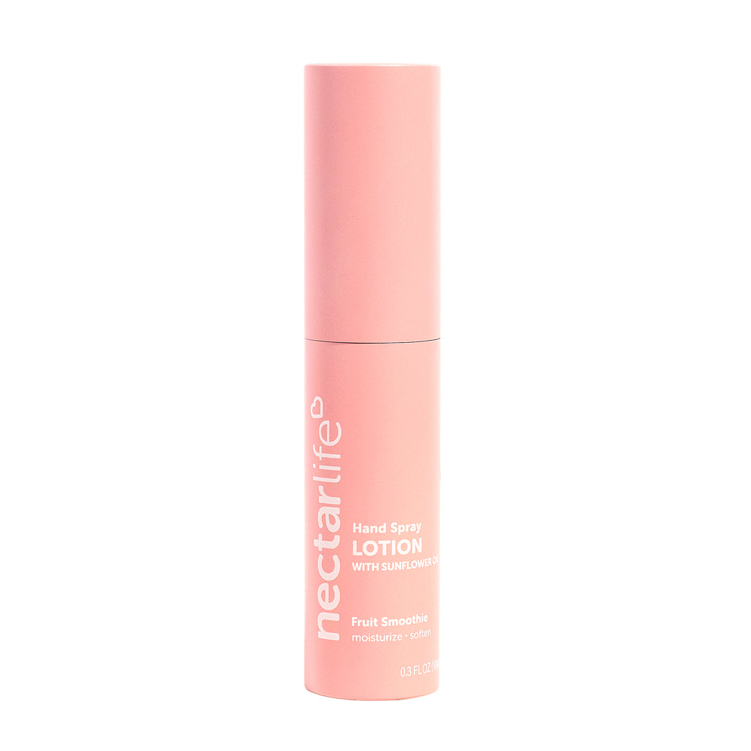 Nectar Life Hand Spray Lotion in Fruit Smoothie, pink aluminum spray bottle with sunflower and safflower seed oil, travel size hand lotion, handmade in Las Vegas, $10