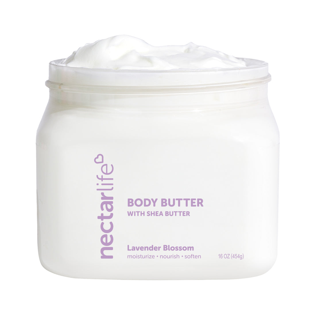Nectar Life Shea Moisturizing Body Butter, white jar with white lid, Lavender Blossom scent, non-greasy body butter with shea butter and avocado oil, 16oz / 454g, handmade in Las Vegas