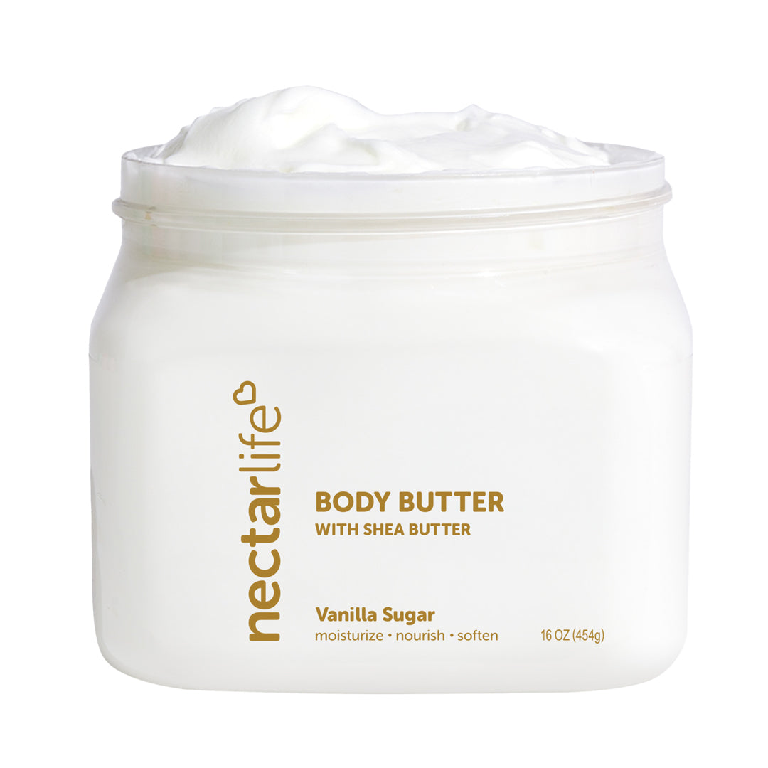 Nectar Life Shea Moisturizing Body Butter, white jar with white lid, Vanilla Sugar scent, non-greasy body butter with shea butter and avocado oil, 16oz / 454g, handmade in Las Vegas