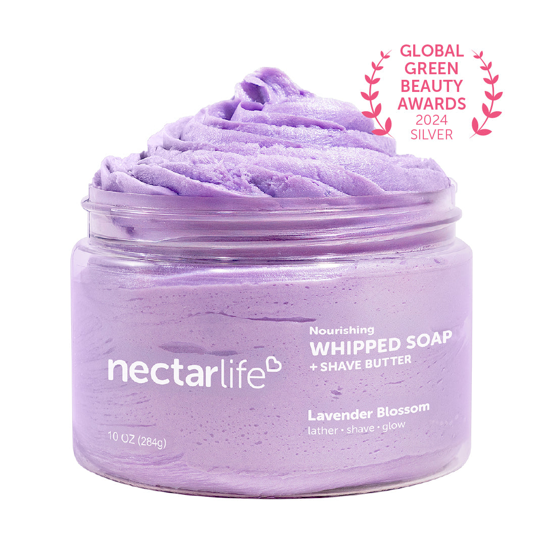 Nectar Life Nourishing Whipped Soap and Shave Butter 10oz, large clear glass jar, Lavender Blossom scent, whipped soap with almond oil and glycerin, Global Green Beauty Awards 2024 winner, handmade in Las Vegas