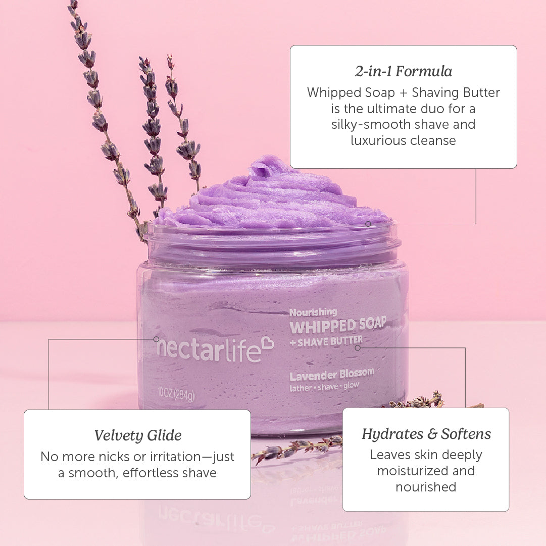Nectar Life 10oz Nourishing Whipped Soap 2-in-1 formula, velvety glide for smooth irritation-free shave, hydrates and softens skin deeply, Lavender Blossom scent styling