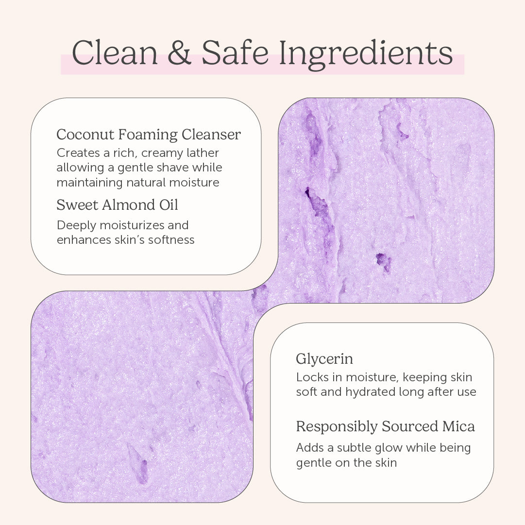 Clean and safe ingredients graphic for Nectar Life Whipped Soap featuring close up texture shots of lavender whipped soap alongside callouts for Coconut Foaming Cleanser, Sweet Almond Oil, Glycerin, and Responsibly Sourced Mica