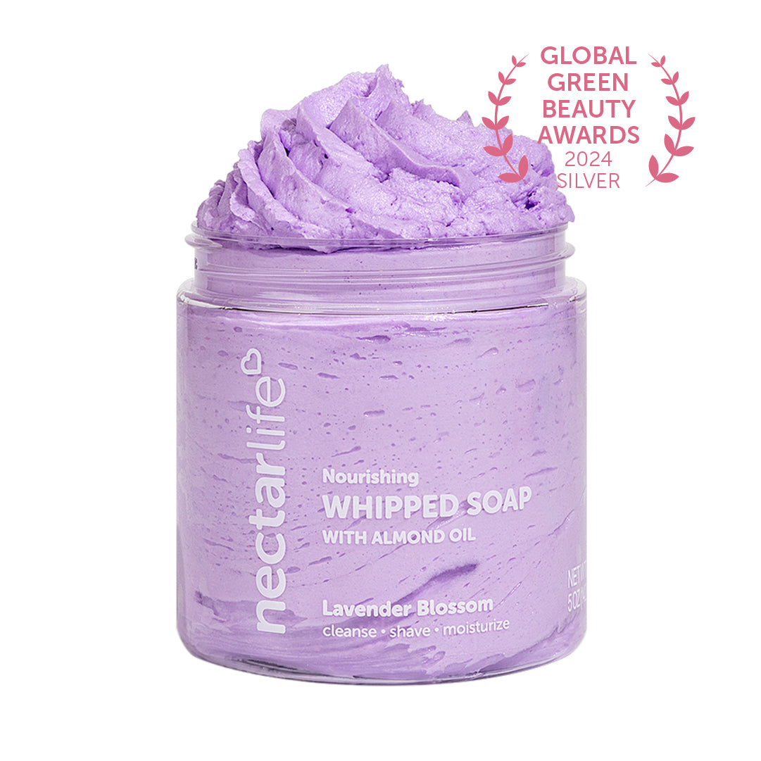 Nectar Life Nourishing Whipped Soap and Shave Butter in Lavender Blossom, clear glass jar, purple whipped soap with almond oil, Global Green Beauty Awards 2024 Silver, handmade in Las Vegas