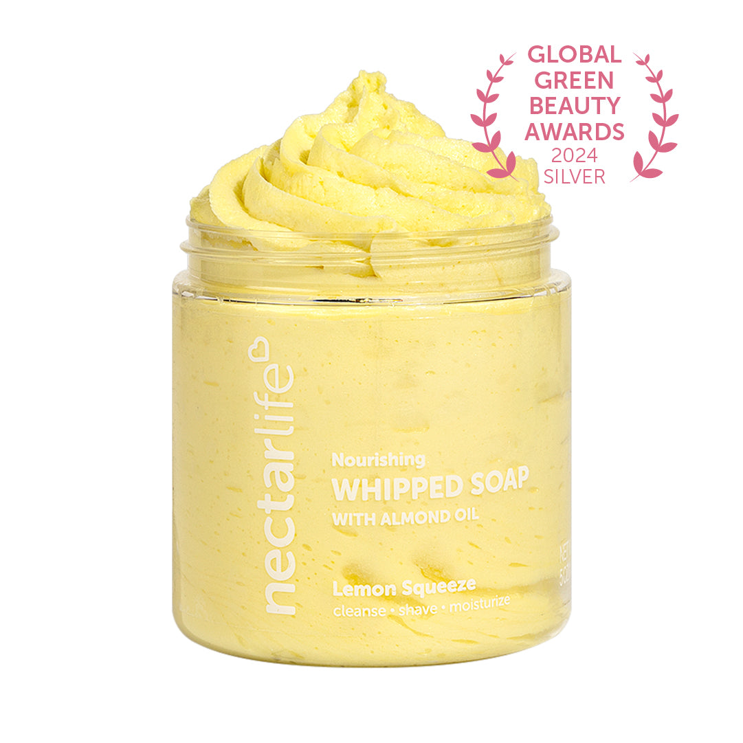 Nectar Life Nourishing Whipped Soap and Shave Butter in Lemon Squeeze, clear glass jar, yellow whipped soap with almond oil, Global Green Beauty Awards 2024 Silver, handmade in Las Vegas