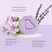 Nectar Life Soothe + Recover Bath Bomb showing relaxation support, evening ritual, and skin nourishment callouts with lavender and geranium flower props on a purple background