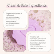 Nectar Life Soothe + Recover Bath Bomb clean ingredient panel showing magnesium chloride, Epsom salt, hemp seed oil, coconut oil, and lavender and geranium essential oils