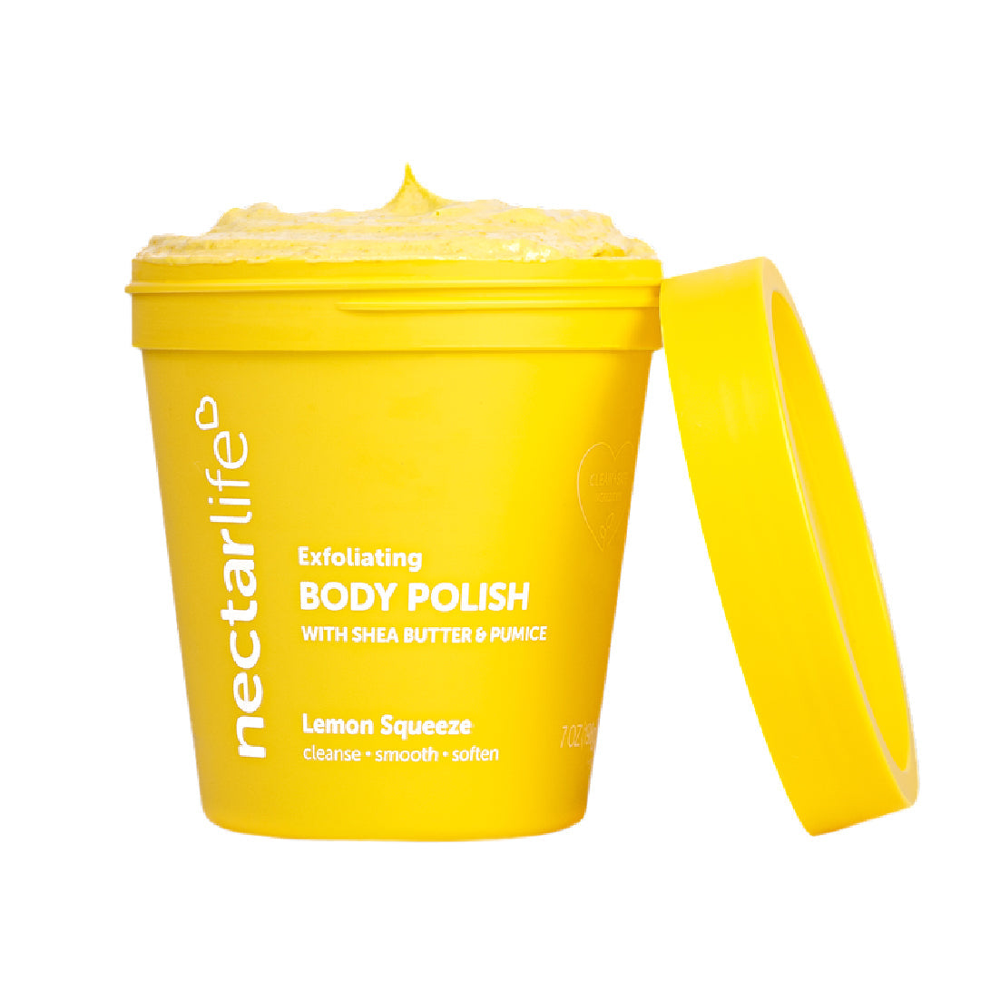Nectar Life Exfoliating Body Polish, Lemon Squeeze scent, yellow tub with lid, ground pumice and shea butter formula, gentle enough for frequent use, handmade in Las Vegas