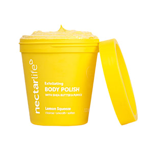 Nectar Life Exfoliating Body Polish, Lemon Squeeze scent, yellow tub with lid, ground pumice and shea butter formula, gentle enough for frequent use, handmade in Las Vegas