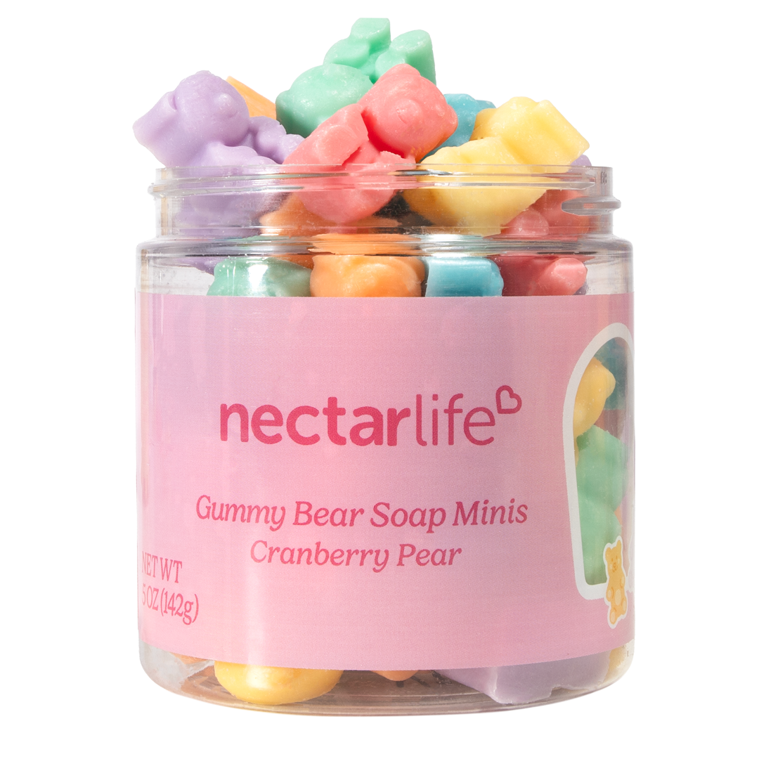 Product shot of Gummy Bear Soap Minis by Nectar Life, colorful mini bear soaps in a clear jar, handmade in Las Vegas