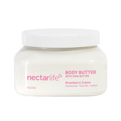 Strawberry Crème Shea Body Butter by Nectar Life, white jar with pink label, with shea butter apricot oil and avocado oil, 8oz, handmade in Las Vegas
