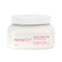 Strawberry Crème Shea Body Butter by Nectar Life, white jar with pink label, with shea butter apricot oil and avocado oil, 8oz, handmade in Las Vegas