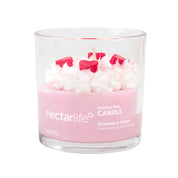 Strawberry Crème Coconut Wax Candle by Nectar Life, pink candle in clear glass with whipped cream topper and heart details, cotton wick, 14oz, handmade in Las Vegas