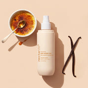 Vanilla Brûlée Dry Body Oil by Nectar Life next to creme brulee and vanilla beans, lightweight dry oil with rosehip and olive squalane, 3.4 fl oz