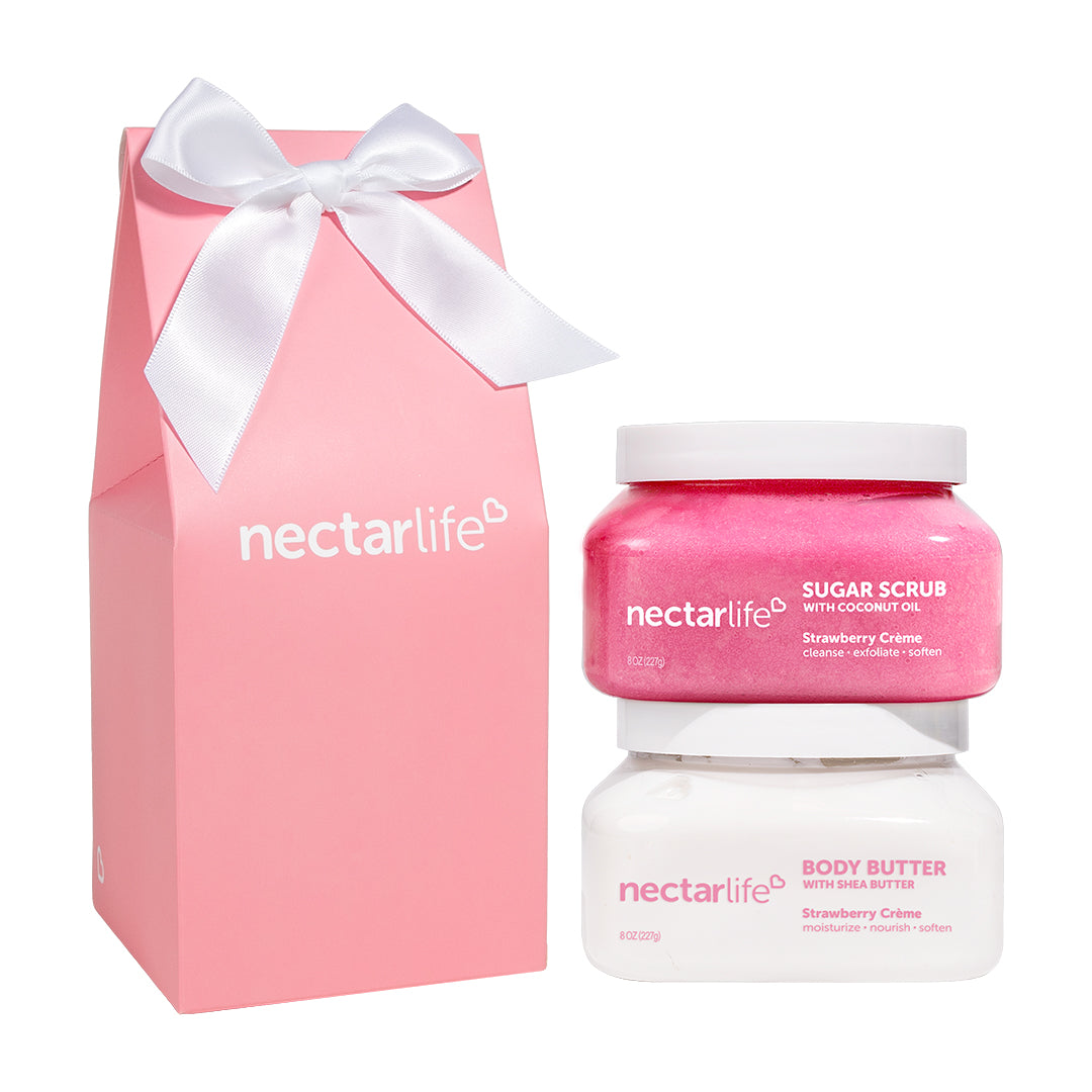 Strawberry Crème Scrub and Butter Duo by Nectar Life, sugar body scrub and shea body butter in a pink gift box with white ribbon, handmade in Las Vegas