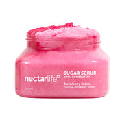 Strawberry Crème Sugar Body Scrub by Nectar Life, pink jar with sugar scrub texture, with shea butter and coconut oil, 8oz, handmade in Las Vegas