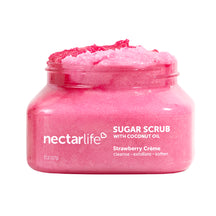 Strawberry Crème Sugar Body Scrub by Nectar Life, pink jar with sugar scrub texture, with shea butter and coconut oil, 8oz, handmade in Las Vegas