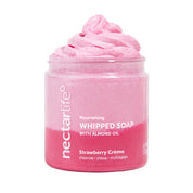 Strawberry Crème Nourishing Whipped Soap by Nectar Life, pink jar with whipped pink soap swirl, with almond oil and glycerin, 5oz, handmade in Las Vegas
