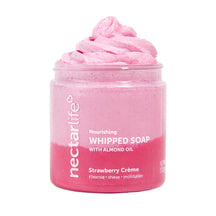 Strawberry Crème Nourishing Whipped Soap by Nectar Life, pink jar with whipped pink soap swirl, with almond oil and glycerin, 5oz, handmade in Las Vegas