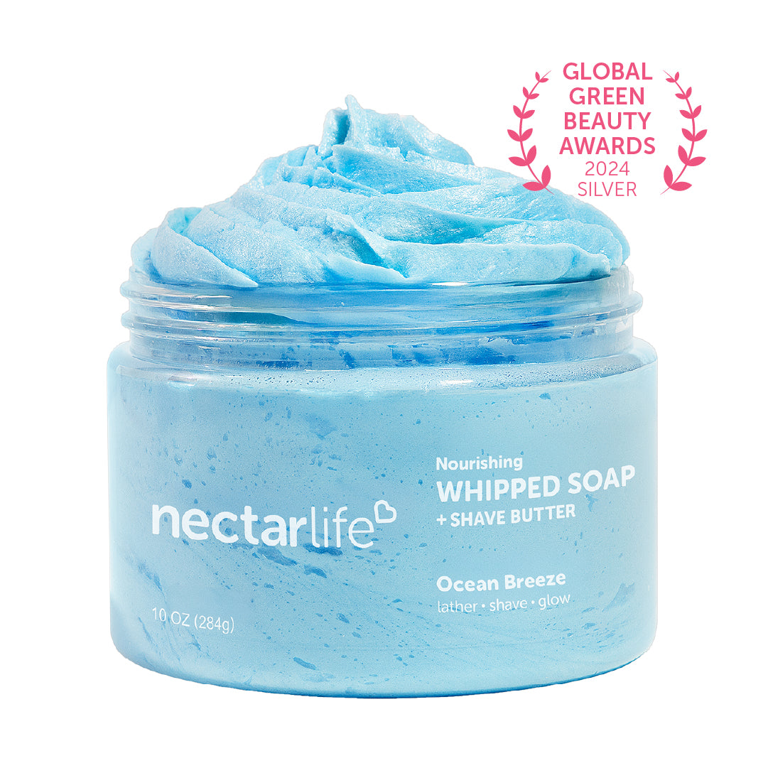 Nectar Life Nourishing Whipped Soap and Shave Butter 10oz, large clear glass jar, Ocean Breeze scent, whipped soap with almond oil and glycerin, Global Green Beauty Awards 2024 winner, handmade in Las Vegas