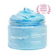 Nectar Life Nourishing Whipped Soap and Shave Butter 10oz, large clear glass jar, Ocean Breeze scent, whipped soap with almond oil and glycerin, Global Green Beauty Awards 2024 winner, handmade in Las Vegas