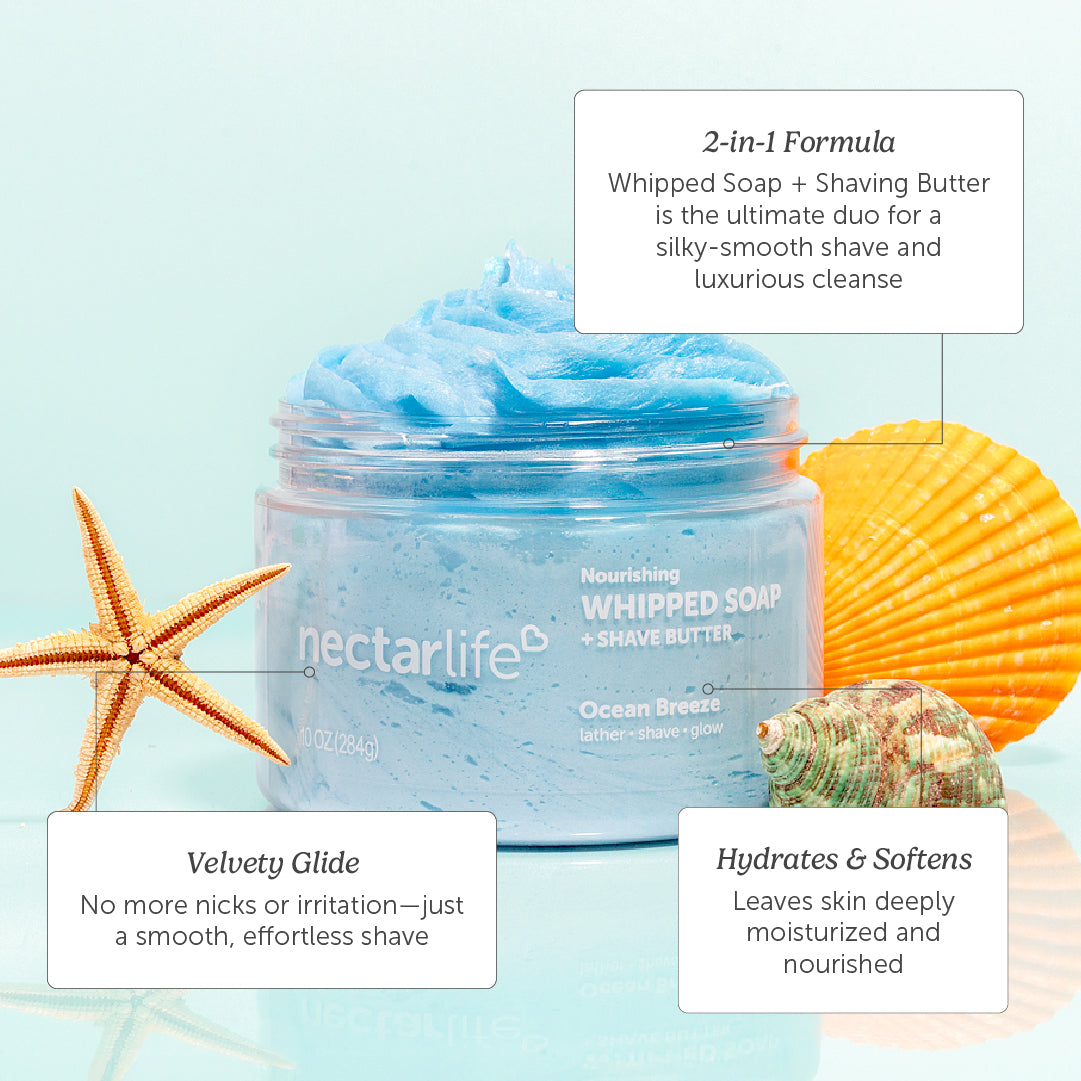 Nectar Life 10oz Nourishing Whipped Soap 2-in-1 formula, velvety glide for smooth irritation-free shave, hydrates and softens skin deeply, Ocean Breeze scent styling