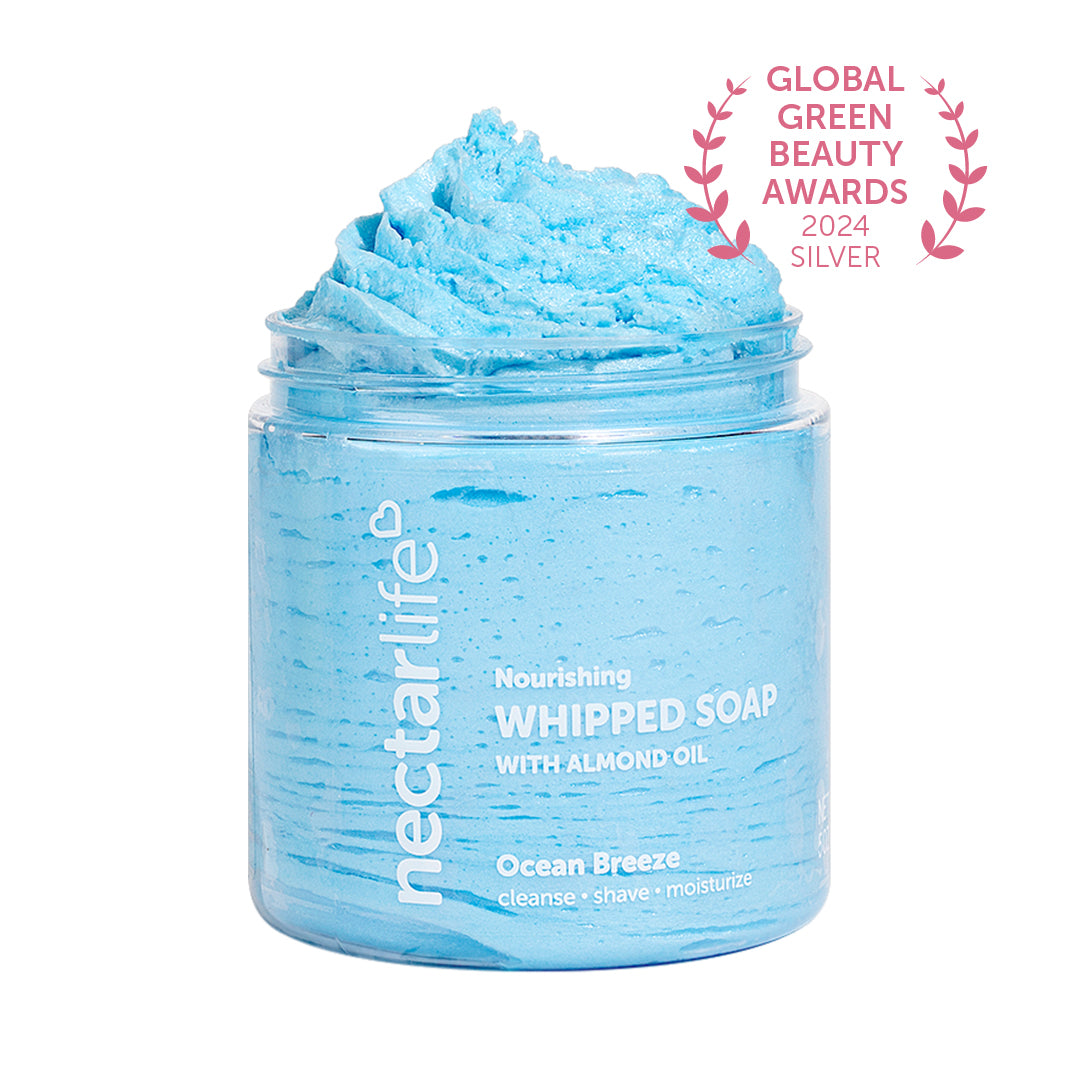 Nectar Life Nourishing Whipped Soap and Shave Butter in Ocean Breeze, clear glass jar, blue whipped soap with almond oil, Global Green Beauty Awards 2024 Silver, handmade in Las Vegas