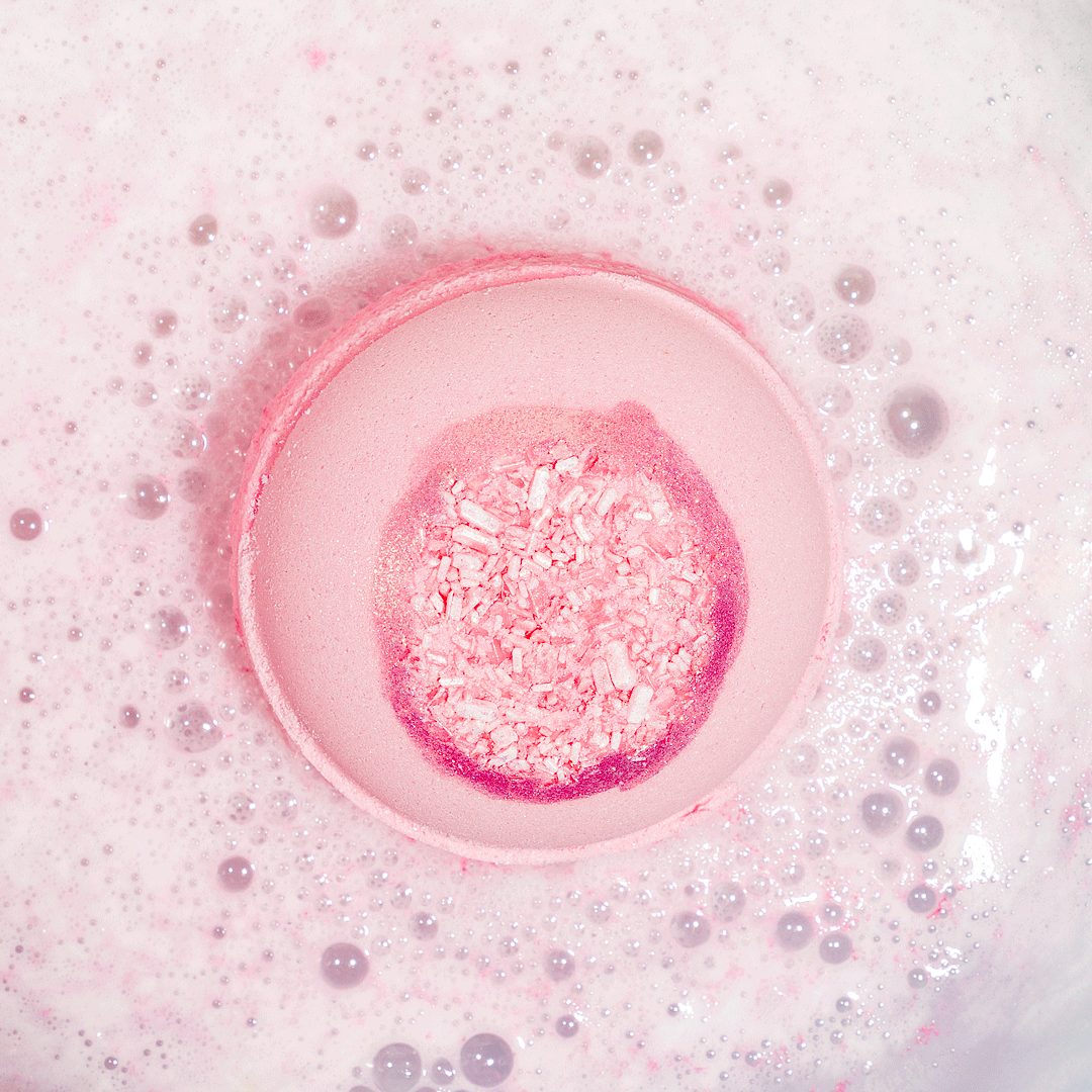 Nectar Life Sugar Crush Surprise Ring Bath Bomb, pink bath bomb with pink crystal center and hidden ring inside, Epsom salt and tapioca starch, handmade in Las Vegas, $13